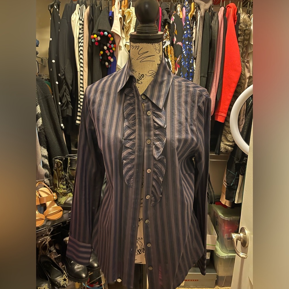 Ted Baker purple pinstriped ruffle button down shirt